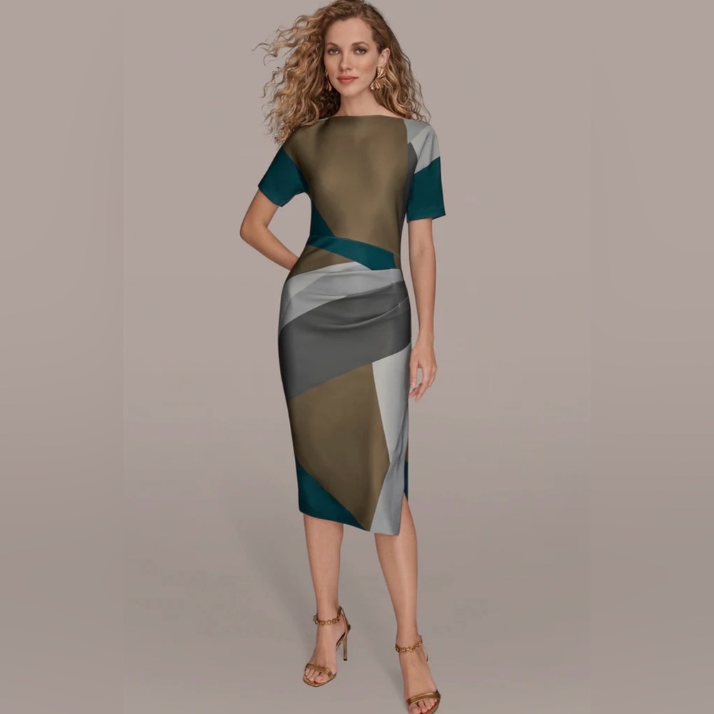 NEW DONNA KARAN SHORT SLEEVE COLOR-BLOCK MIDI SHEATH DRESS